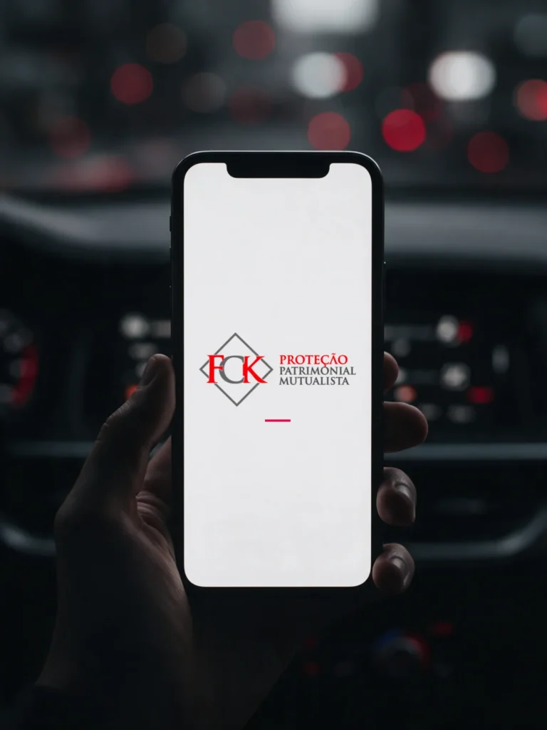 Smartphone com o aplicativo FCK Proteção Patrimonial Mutualista dentro de um carro