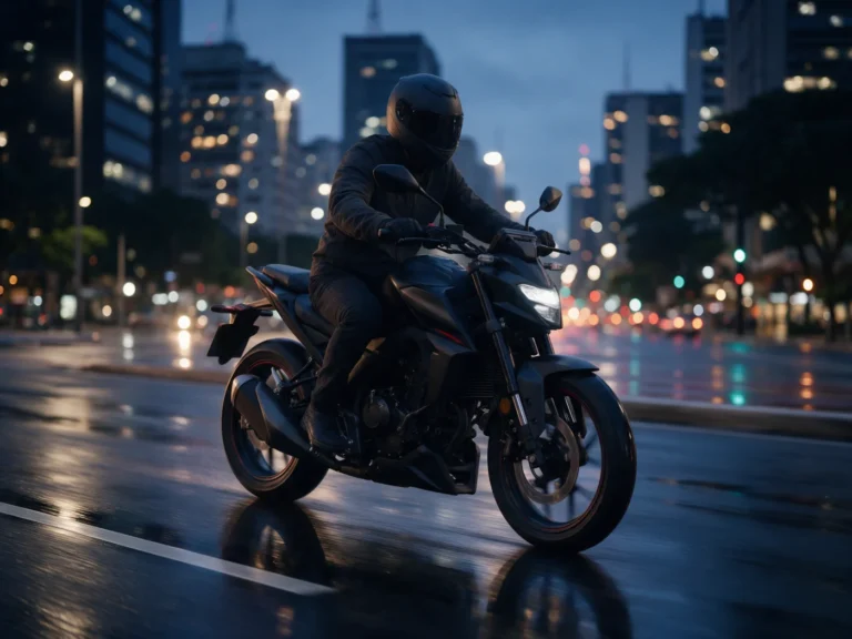 Motociclista em moto preta em avenida iluminada à noite